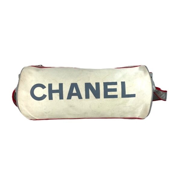 CHANEL Sports CC CC Mark Logo Cylindrical Gym Bag Shoulder Bag Nylon White/Red - Picture 1 of 16